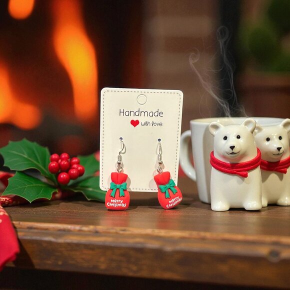 Handmade Christmas Gift Bag Earrings | Polymer Clay Holiday Jewelry - Picture 1 of 12